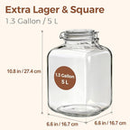 ComSaf 5L Square Glass Jars with Airtight Lids (1.3 Gallon, Set of 2), Space-Saving Canisters for Bulk Flour & Rice Storage, Ideal for Large-Batch Fermenting, Pickling & Kombucha