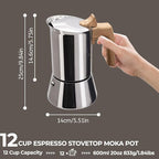 Uncoated 12 Cup Moka Pot 304 Thickened Stainless Steel Coffee Maker Stovetop Espresso Coffeemaker Italian Classic Style Brewing Greca Cafe Mocha Machine for Cafeteras Camping Travel Home 600ml 20oz