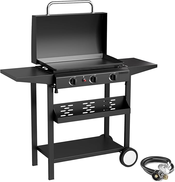 3 Burner BBQ Gas Griddle with Hood, 25.6 Inch Stainless Steel Portable Detachable Propane Griddle, 45,000 BTU Flat Top Barbecue Grill with Side Shelves for Camping