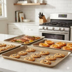 4 Pieces Bakeware Set | 3 Baking Pans & 1 Recipe Notebook Combo | Nonstick Cookie Sheets for Baking Supplies | No Rust & No Toxic Heavy Duty 3 Baking Trays 18''+15''+13'' & 1 Blank Recipe Book