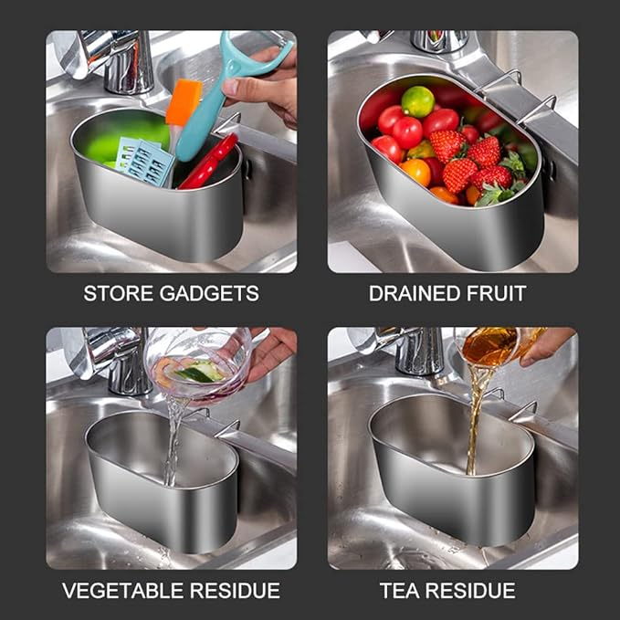 Sink Drain Strainer Basket Stainless Steel,Hanging Sink Strainer Colander Drain Basket Multifunctional Kitchen Sinks Food Waste Filter and Vegetables Fruits Clean (COLOR:silver)