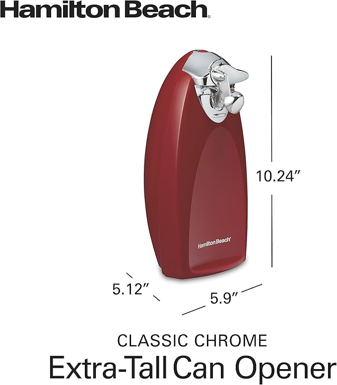Hamilton Beach Electric Automatic Can Opener with Auto Shutoff, Knife Sharpener, Cord Storage, and SureCut Patented Technology, Extra-Tall, Red