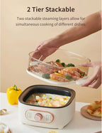 Two Tier Food Steamer, 1200W Electric Hot Pot with Steaming Plate, Mini Hot Pot for Fast Simultaneous Cooking, 10.5L Stackable Multipurpose Cooker for Soup Noodles Oatmeal (PP+pc