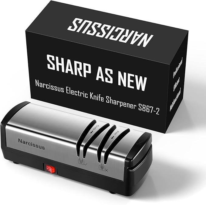 Narcissus Knife Sharpener, Diamond Abrasives Electric Knife Sharpener for Stainless Steel and Ceramic Knives, with Scissors Sharpener & Metal Dust Collection Box, Quick Sharpening & Polishing, Silver