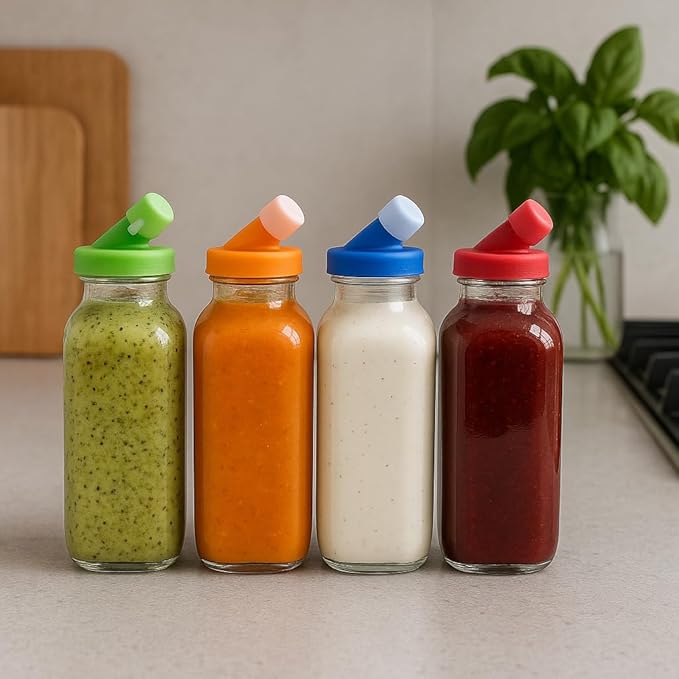 kitchentoolz Orange 16oz Glass Salad Dressing Bottle – Salad Dressing Container Glass with Non-Metal Silicone Spout for Marinades, Oil, Sauce