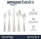 Amazon Basics Silverware Set, Stainless Steel Flatware, Dishwasher Safe, Service for 4, 20-Piece Forks and Spoons, Round Edge, Everyday Use