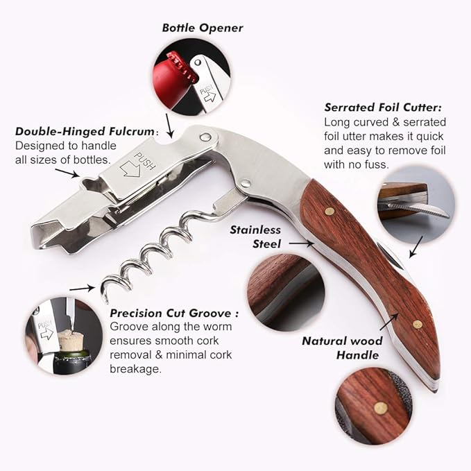Personalized Wine Opener Wine Bottle Opener 3 in 1 Corkscrew Wine Bottle Opener Wine Key Wood Handle Stainless Steel Wine Opener for Bar Restaurant Waiters Sommelier Bartend(Design 1)