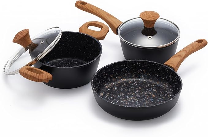 3-Piece Nonstick Cookware Set, 8.5 Inch Frying Pan & 2 Pots with Lids | PFAS & PFOA Free Non-Toxic Coating | Induction Compatible, Dishwasher Safe | Pots and Pans Set for Beginner Kitchen