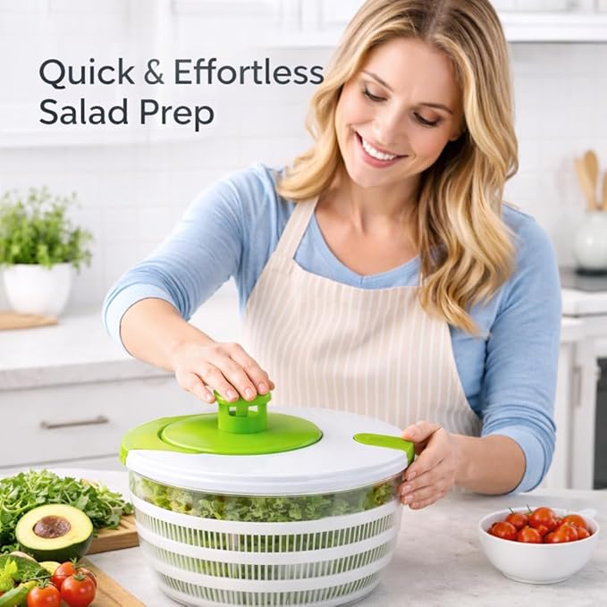 SKYREN 4 Qt Salad Spinner, Vegetable Washer & Dryer with Easy Spin Handle, Non-Slip Base, Large Capacity Kitchen Prep Tool, Green Glaze, 6.54 Inch Height