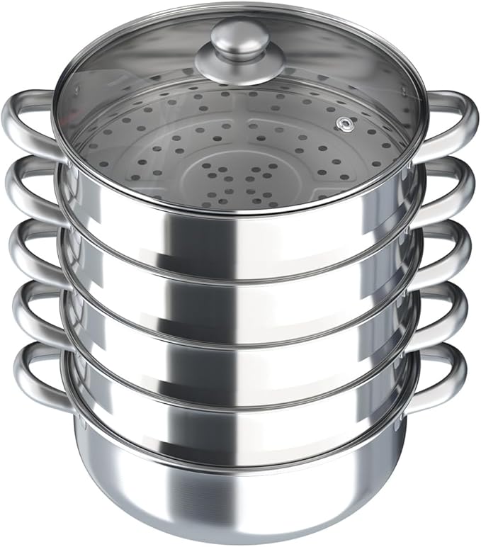 5-Tier Stainless Steel Steamer, 11.81 Inch Commercial Multi Tier Stainless Steel Cookware Pot Vegetable Meat Steamer Cooker Set w/Glass Lid for Steaming Shrimp & Miscellaneous Grains