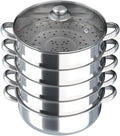 5-Tier Stainless Steel Steamer, 11.81 Inch Commercial Multi Tier Stainless Steel Cookware Pot Vegetable Meat Steamer Cooker Set w/Glass Lid for Steaming Shrimp & Miscellaneous Grains