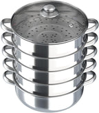 5-Tier Stainless Steel Steamer, 11.81 Inch Commercial Multi Tier Stainless Steel Cookware Pot Vegetable Meat Steamer Cooker Set w/Glass Lid for Steaming Shrimp & Miscellaneous Grains