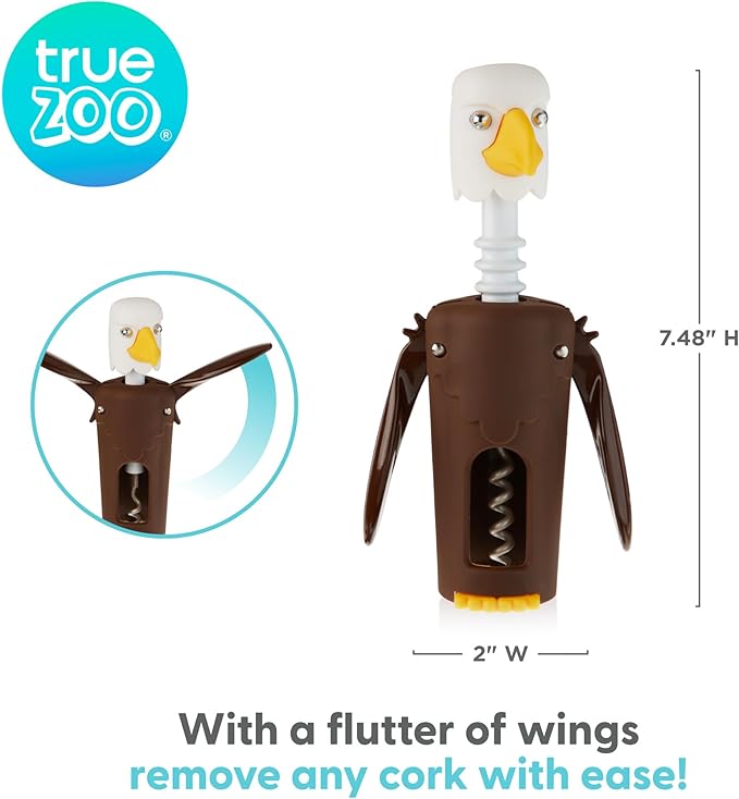 True Zoo Bald Eagle Corkscrew Wine Opener, Winged Design with Easy Grip Soft Touch Wings, Stainless Steel and Plastic with Sharp Screw for Wine Bottles, Home Bar, Kitchen, Novelty Gifts
