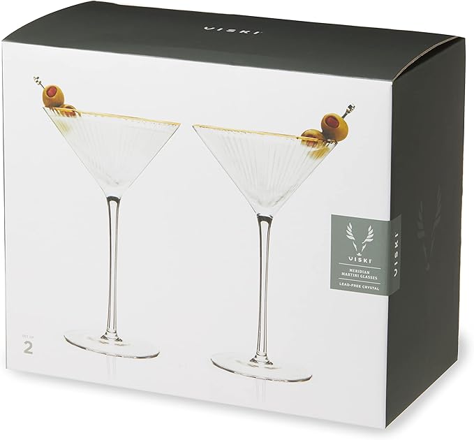 Viski Meridian Martini Glasses - Stemmed Fun Cocktail Glasses - Art Deco Ripple Gold Rimmed Crystal Glassware - 7.8oz Set of 2