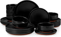 E-far 18-Piece Stoneware Plates and Bowls Sets, Dinnerware Sets for 6, Ceramic Dishware Dishes Set with Terracotta Base, Chip & Scratch Resistant, Microwave & Dishwasher Safe, Matte Black