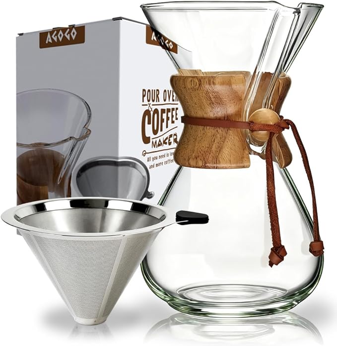 AGOGO Pour Over Coffee Maker Glass - Barista Kit with 304 Stainless Filter for Home, Office, Camping, Cafes - Easy Clean Coffee Dripper Set (Soft Towel&Brush) (34oz Classic w/SS Filter)