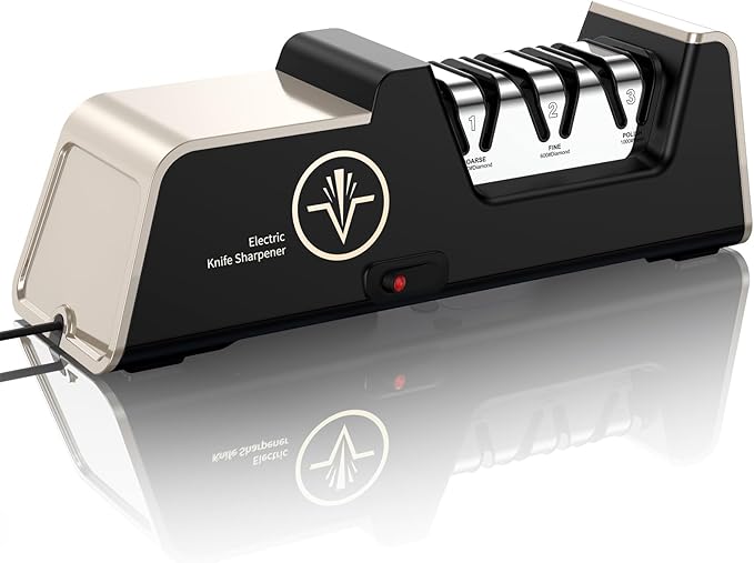 VIDOME Professional Electric Knife Sharpener with 100% Diamond Abrasives, 3-Stage Precision Angle Guides, Champagne Gold, for Kitchen Straight Edge and Ceramic Knives