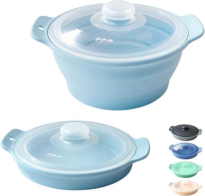 42oz Silicone Microwave Steamer For Vegetables, Cooker For Microwave with Handle & Lid, Collapsible Steam Pot, Heat-Resistant Cooker with Steam Holes, BPA Free, Dishwasher Safe (Blue), 1 Pack
