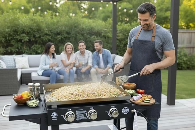 Griller's Choice Gas Griddle with Hinged Hood, Wind Guards, Front Grease Management, 4 Shelves, Propane Griddle for Flattop Grills Outdoor Cooking