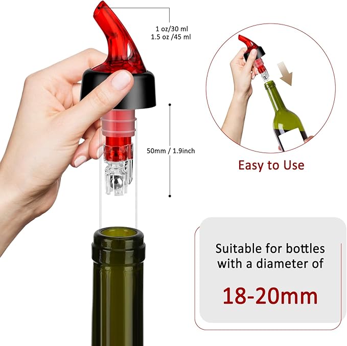 Automatic Measured Bottle Pourer - Quick Shot Spirit Liquor Pour Spouts with Dust Caps for Wine Cocktail Beverages - Ideal Home Bar Tools 1.5 oz / 45ml (Red, 12 Pack)