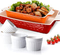Ceramic Baking Dish and Ramekins Set Casserole Dish with Handles Packaging Upgrade Nonstick Ceramic Bakeware Ramekins Bowls for Baking Souffle, Cooking, Cakes, Lasagna & Gift, Red