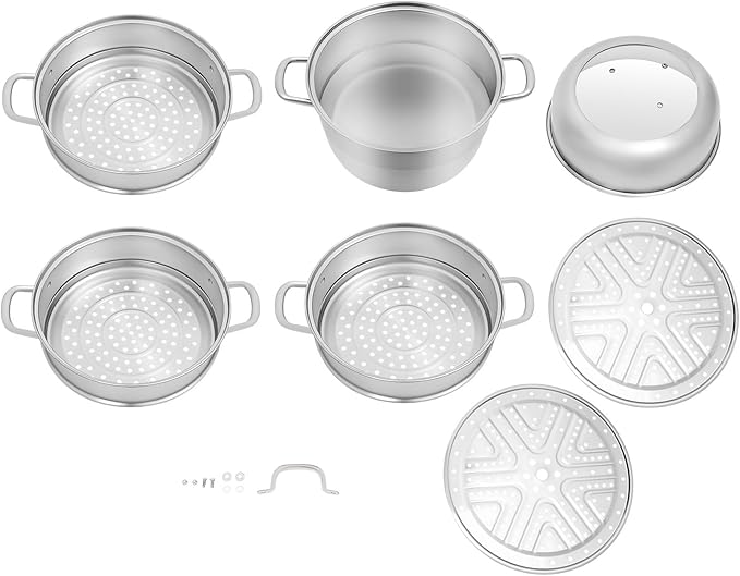 5-Tier Stainless Steel Steamer, 12.8 Inch Commercial Multi Tier Stainless Steel Cookware Pot Vegetable Meat Steamer Cooker Set w/Glass Lid for Steaming Shrimp & Miscellaneous Grains
