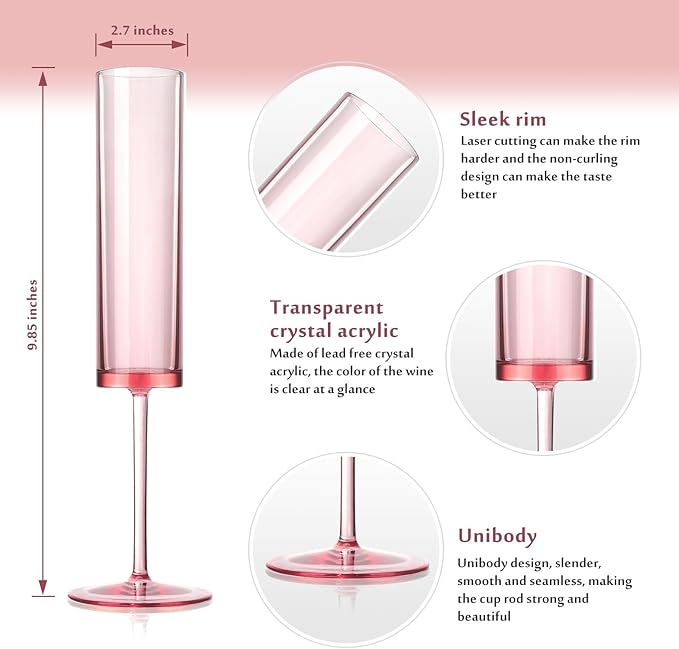 100 PCS Pink Champagne Flutes Plastic 5.4 OZ Clear Acrylic Champagne Flutes Sparkling Wine Glasses Wedding Table Decorations Reusable For Valentines Toasting Engagement Party Supplies