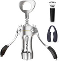 Wing Corkscrew Wine Opener, Premium Zinc Alloy Manual Bottle Opener, Heavy Duty Multifunctional Tool for Kitchen, Bar, Restaurant & Waiters (Polished Silver)
