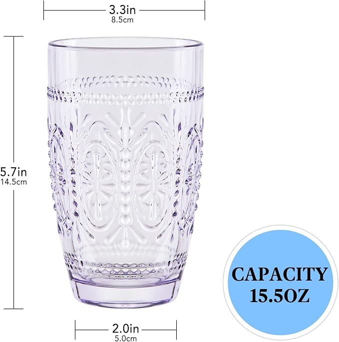 CREATIVELAND Colored Vintage Drinking Glasses Set of 4, 15.5 oz Romantic Embossed Water Glasses, Colored Tumblers Tempered Glass for Juice, Beverages, Beer, Cocktail