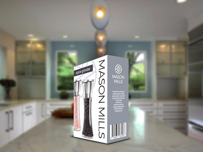 Prefilled Stainless Steel Salt and Pepper Grinder Two Piece Set - Includes Himalayan Salt and Quality Black Pepper - Glass and Stainless Steel Mill - Large Capacity Shakers - Top Loading By Mason Mil