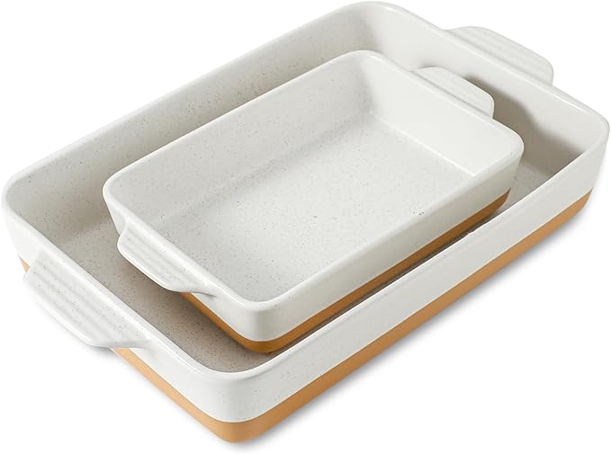 Ceramic Baking Casserole Dish with Handles, Large 9x13 inch Pan and Middle Baking Pan - Porcelain Serving Bakeware Set (Farmhouse White)