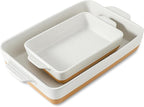 Ceramic Baking Casserole Dish with Handles, Large 9x13 inch Pan and Middle Baking Pan - Porcelain Serving Bakeware Set (Farmhouse White)