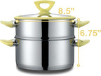 CONCORD 3 Quart Stainless Steel 3 Piece Steamer Cookware Set. Features 2 Quart Veggie Steamer and 3 Quart Cooking Pot with tempered glass lid and silicone handles (INDUCTION COMPATIBLE)