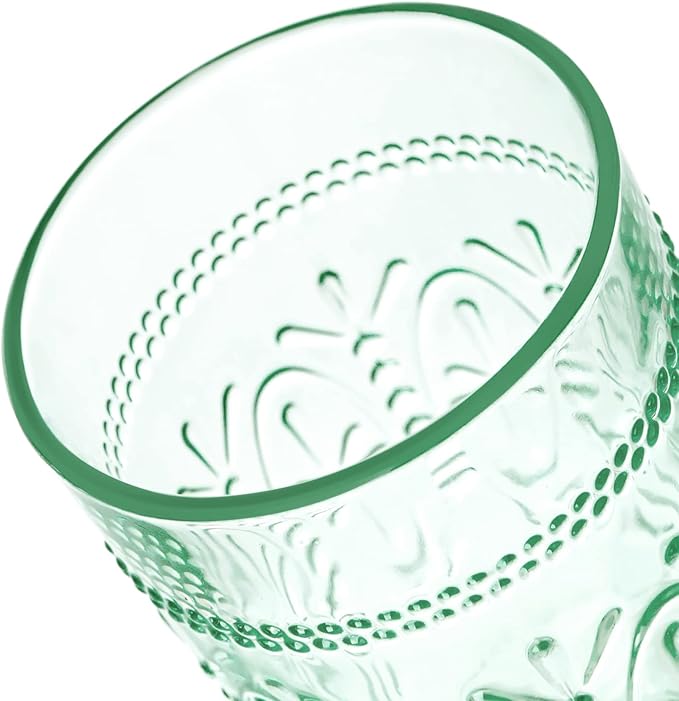 CREATIVELAND Colored Vintage Drinking Glasses Set of 4, 15.5 oz Romantic Embossed Water Glasses, Colored Tumblers Tempered Glass for Juice, Beverages, Beer, Cocktail (Green)