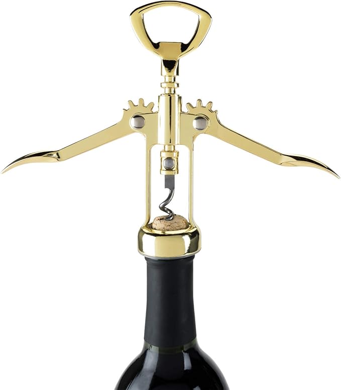 Viski Winged Corkscrew Wine Bottle Opener, Gold Plated Finish, Non-stick Coated Worm, 9.25"