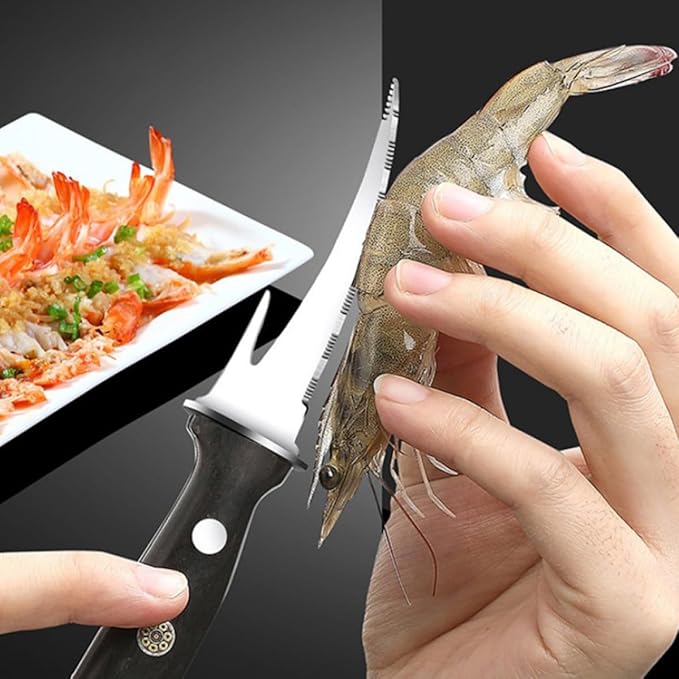 Shrimp Line Cutter and Peeling Knife with Wood Handle, Seafood Cleaning Tool for Shrimp Deveining and Fish Fillet Preparation, Kitchen Specialty Gadget for Home Cooking