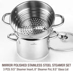 HOMICHEF 3 PCS Whole Food Steamer Set - Nickel Free Stainless Steel Veggie Steam Pot (9.5" Large Vegetable Steamer Insert With Lid, 8" Steam Pot)