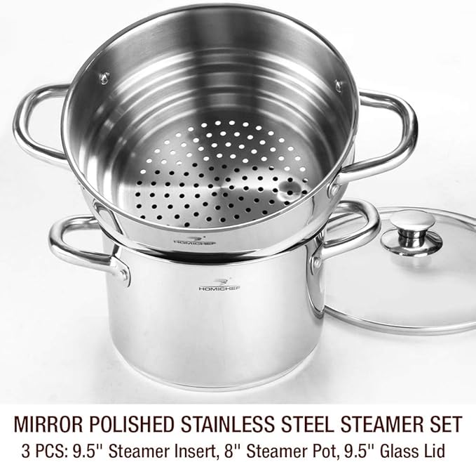HOMICHEF 3 PCS Whole Food Steamer Set - Nickel Free Stainless Steel Veggie Steam Pot (9.5" Large Vegetable Steamer Insert With Lid, 8" Steam Pot)