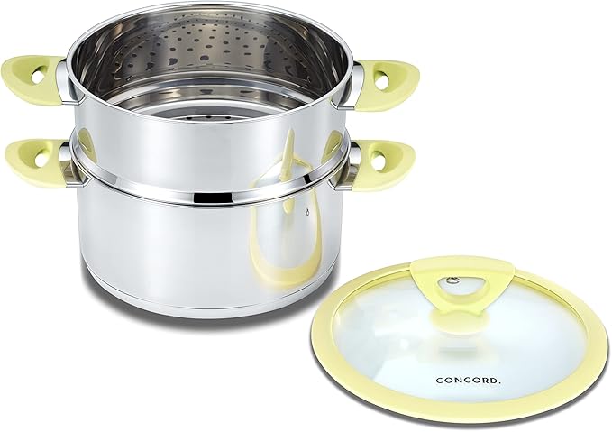CONCORD 3 Quart Stainless Steel 3 Piece Steamer Cookware Set. Features 2 Quart Veggie Steamer and 3 Quart Cooking Pot with tempered glass lid and silicone handles (INDUCTION COMPATIBLE)