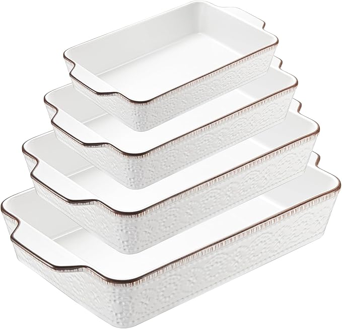 ONEMORE Casserole Dishes for Oven, Ceramic Baking Dish Set of 4, Non-Stick Lasagna Pans with Handles, Rectangular Bakeware Set for Cake, Roasting, Broiling, Gratin, Banquet, Microwave & Dishwasher Safe(3.8/2.6/1.7/1.1 Qt) (White 01)