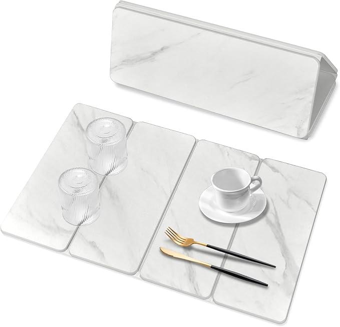 Large Stone Dish Drying Mats for Kitchen Counter, 24"(L)×16"(W) Marble pattern, Drying Collapsible Dish Drying Mat, Eco-Friendly Absorbent Diatomaceous Earth Mats for Dishes Bottles Cups
