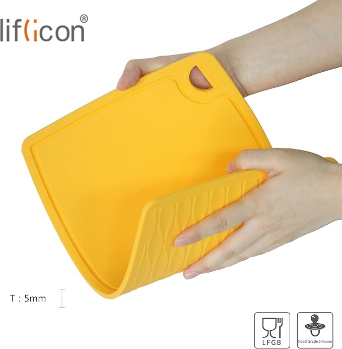 Liflicon Extra Large Thick Silicone Cutting Boards for Kitchen 14.6'' x 10.43'' Flexible Cutting Chopping Boards/Mats Non-slip Deep Drip Juice Groove, Dishwasher Safe-Yellow