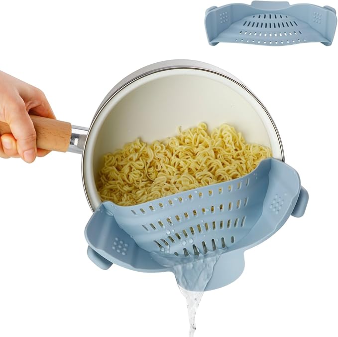 Silicone Pot Strainer, Emptycolor Adjustable Clip On Strainer for Pots Pans, Heat Resistant Pot Drainer, Kitchen Pasta Colander for Vegetables and Noodles (Blue)