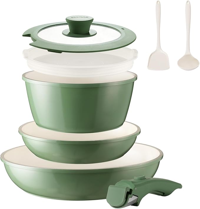 BECIGAR 8PCS Ceramic Cookware,Nonstick Ceramic Pan, Removable Handle Pots and Pans Set, Stackable Set, Nonstick Pan Pots and Pans Set Non Stick pot (Green)