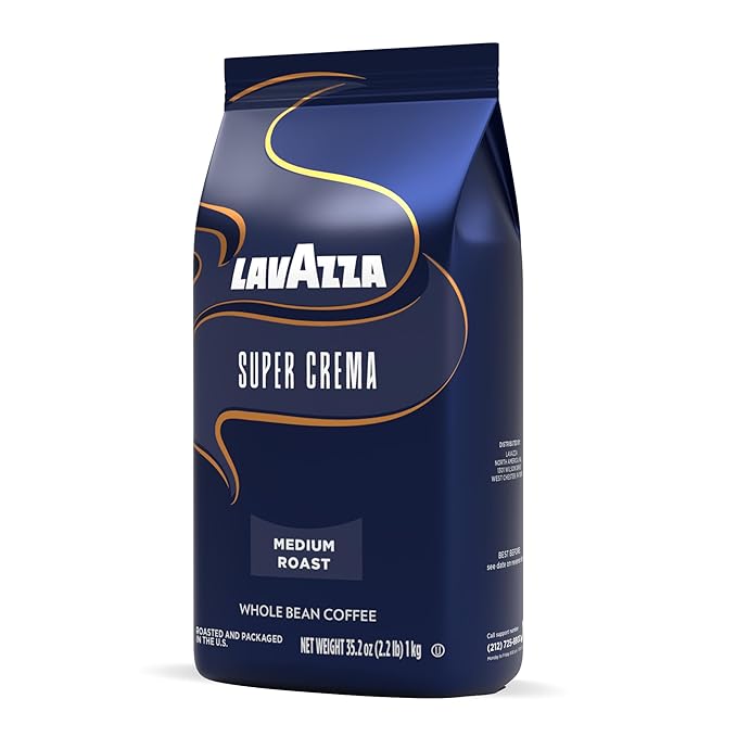 Lavazza Super Crema Whole Bean Coffee, Medium Espresso Roast, Arabica and Robusta Blend, 2.2 lb Bag (Pack of 3)
