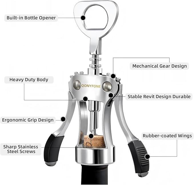 Wing Corkscrew Wine Opener, Premium Zinc Alloy Manual Bottle Opener, Heavy Duty Multifunctional Tool for Kitchen, Bar, Restaurant & Waiters (Polished Silver)