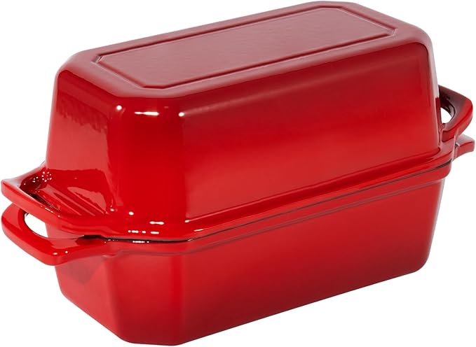Flavehc Bread Pan Cast Iron Loaf Pan with Lid Bread Loaf Pan 8.5x4.5 Inch Loaf Pan Enameled Cast Iron Sourdough Loaf Pan, Red