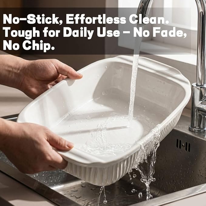 Artena Baking Dish 2.3 Quarts, Casserole Dishes For Oven, Baking Pan With Handles, Lasagna Pan Deep, Large Casserole Dish, Rectangular Ceramic Bakeware, White (Baking Dish With Lids)