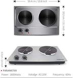 CUSIMAX 1800W Double Hot Plate, Stainless Steel Silver Countertop Burner Portable Electric Double Burners Electric Cast Iron Hot Plates Cooktop, Easy to Clean, Upgraded Version C180N