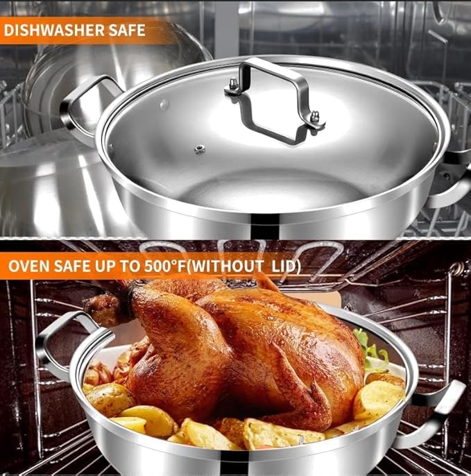 Delarlo Tri-Ply Stainless Steel 12 inch Everyday Pan with Glass Lid, Deep Saute Pan, Kitchen Everything Pan, High Side Chef's Pans, Induction Cooking Pot, Dishwasher Safe, 4QT Stock Pot Up To 600℉